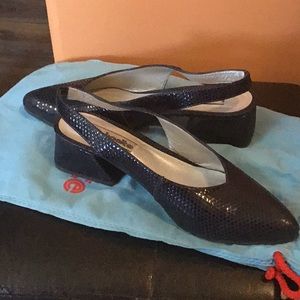 Navy blue Leather Block Heel Slingback Shoes